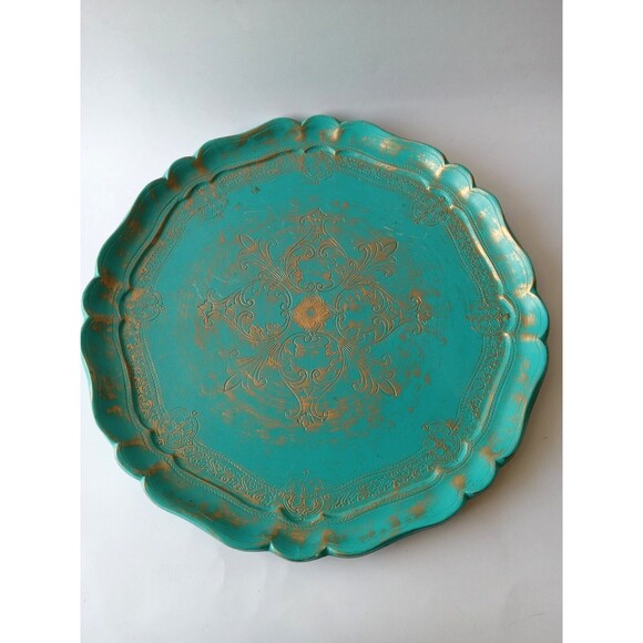 VTG Galway Inc. Etched Wood 13.5" Turquiose & Gold Decorative Plate Tray - Picture 14 of 16
